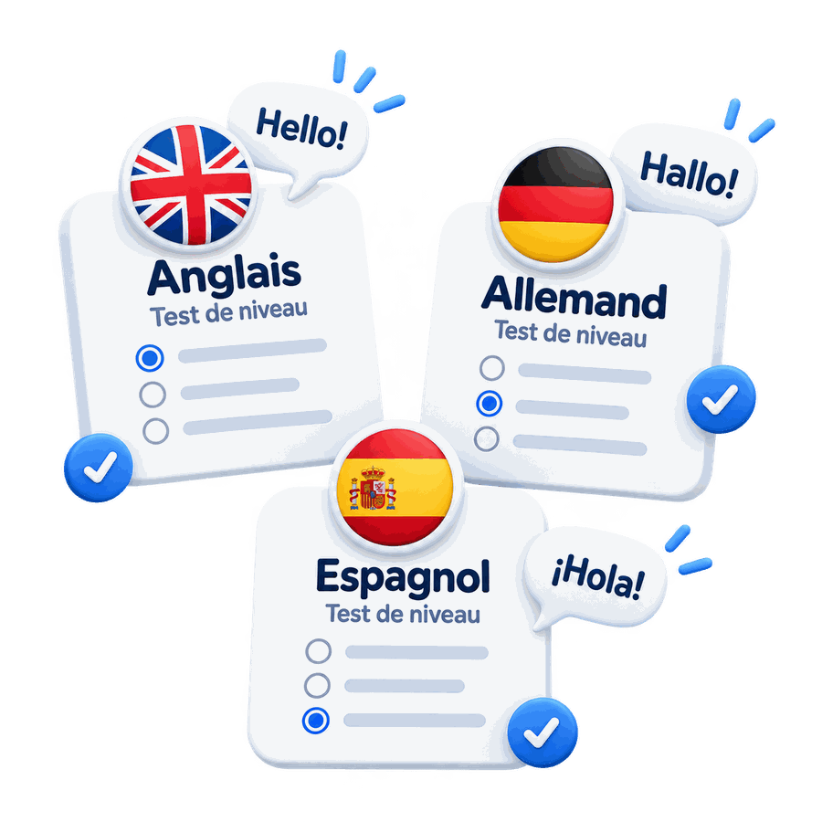 Trois fiches de test de niveau : anglais, allemand et espagnol
